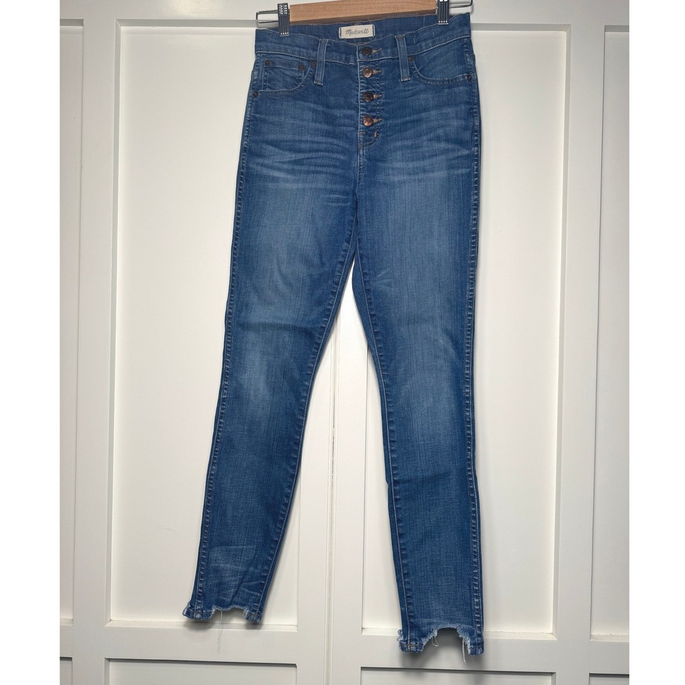 Madewell 10 High Riser Skinny Skinny Jeans Blue Button Fly‎ Raw Hem G9219